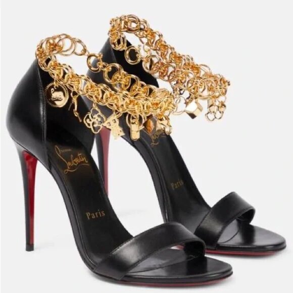 Christian Louboutin GOURMI RED SOLE CHAIN CHARM STILETTO SANDALS IN BLACK - Picture 3 of 7